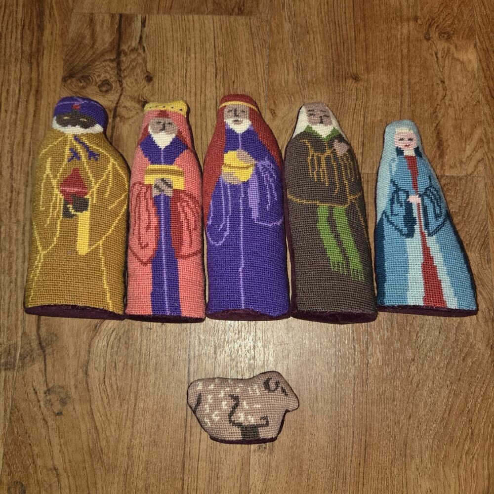 SetVintage Cross Stitch Nativity Scene Fabric Handmade Velvet Back Incomplete